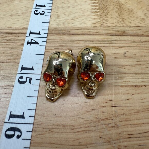 Gold Skull Earrings With Orange Heart-Shaped Eyes For Pierced Halloween & Fall - Picture 2 of 8